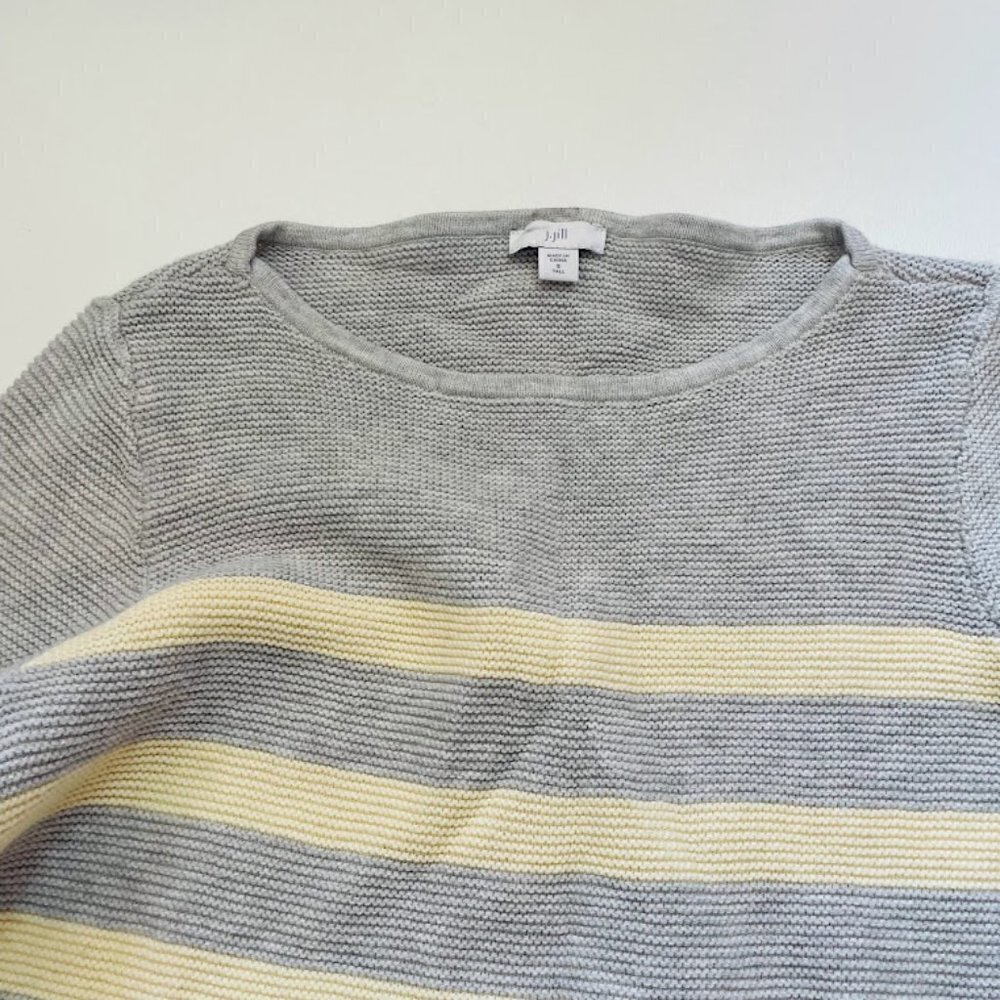 J. Jill Sweater TALL LONG Stripe Knit Thermal Crewneck Yellow Grey Cotton Tunic - Picture 3 of 8